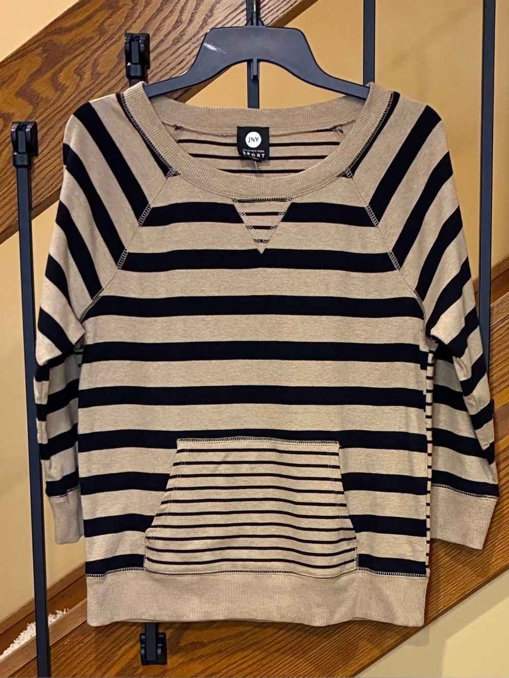 Jones New York Sport Top Front Pocket 3/4 Sleeve Camel Black Strip SZ. MP NWT